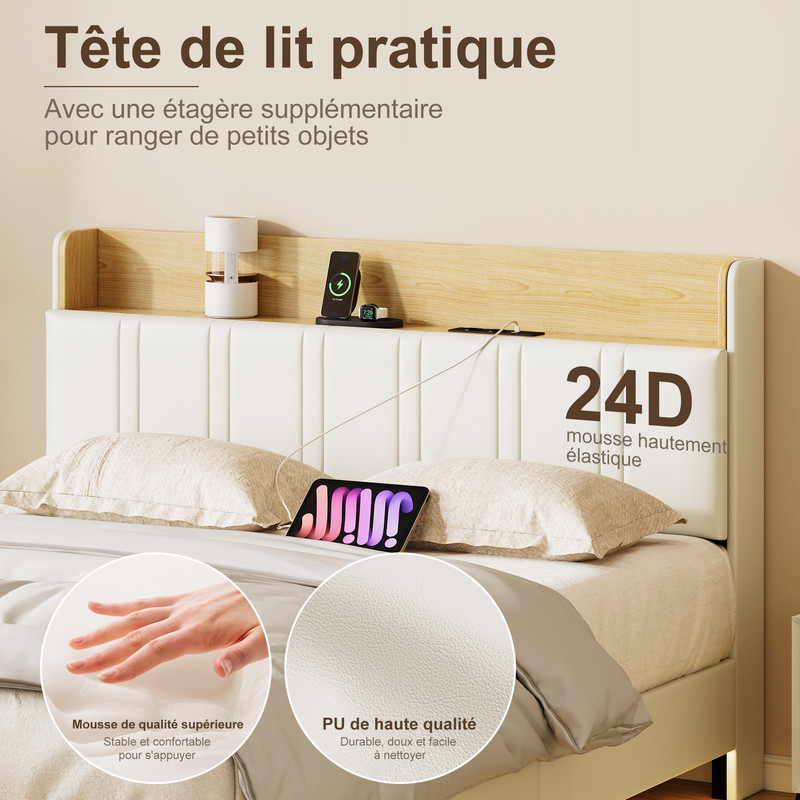 Lit Rembourré 140 X 200 Cm, Lit Fonctionnel Avec Sommier à Lattes Et Espace De Rangement Avec Eclairage Led Avec Fonction De Rangement Blanc Pu 96643245