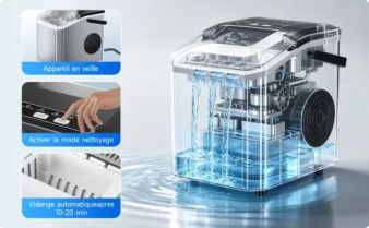 Alertes intelligentes en un coup d'œil Voyant ICE FULL : bac à glaçons plein Voyant ADD WATER : niveau d'eau bas Plus de mauvaise surprise, toujours prête à l'emploi.