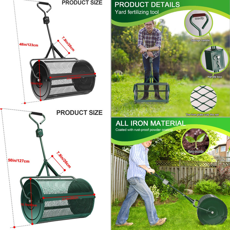 Épandeur à Compost Pour Pelouse Et Jardin,Epandeur à Engrais Rouleau ,Épandeur De Sol à Panier Grillagé, Épandeurs De Pelouses Épandeur De Jardin, Outil D'entretien De La Cour (Noir,60 X 123cm) -Flore Riche Soldes Magasin