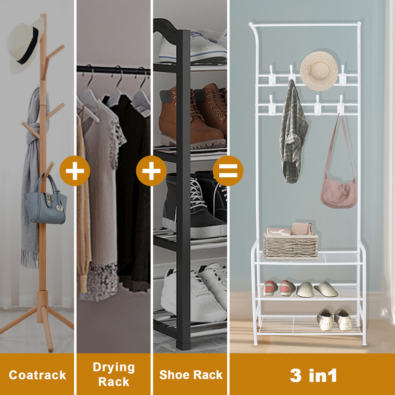 BIGZZIA Garderobenständer, 3 In 1 Garderobenständer Stabil Kleiderstange Mit 3 Schichten Schuhregal Und Abnehmbaren Haken Kleiderständer Freistehender Für Schlafzimmer Weiß -Möbelhaus