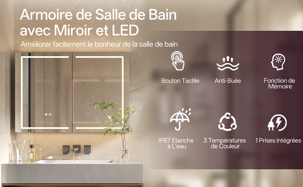 Armoire de Toilette LED Gris Clair Premium