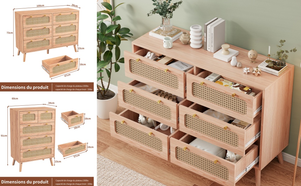 Commode 5 Tiroirs, Commode En DéCor Bois Et Cannage, Tiroir En Rotin Meuble A Tiroirs Commode Bois Massifcouleur Bois Dorigine60 34 91cm 85889070