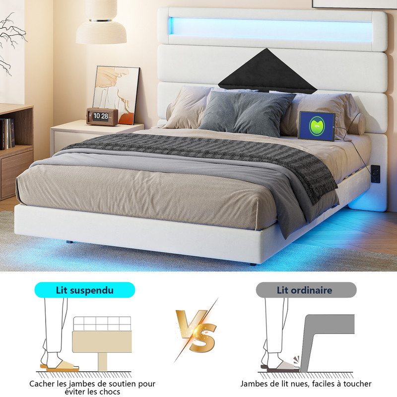 Lit 140 x 190 cm avec LED et USB