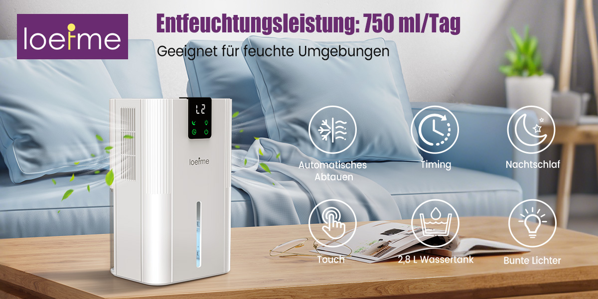 Déshumidificateur 1,8 L Silencieux - Écran LCD Tactile, Minuterie, LED Coloré - Jusqu’à 450 Ml/jour - 6