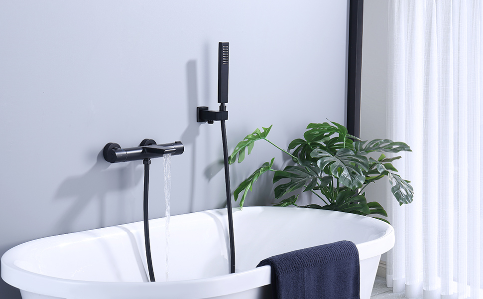 Mitigeur Thermostatique Bain Douche Noir Robinet De Baignoire Cascade Robinet De Douche En Laiton Design Elégant -Grohe || Hansgrohe Soldes Magasin