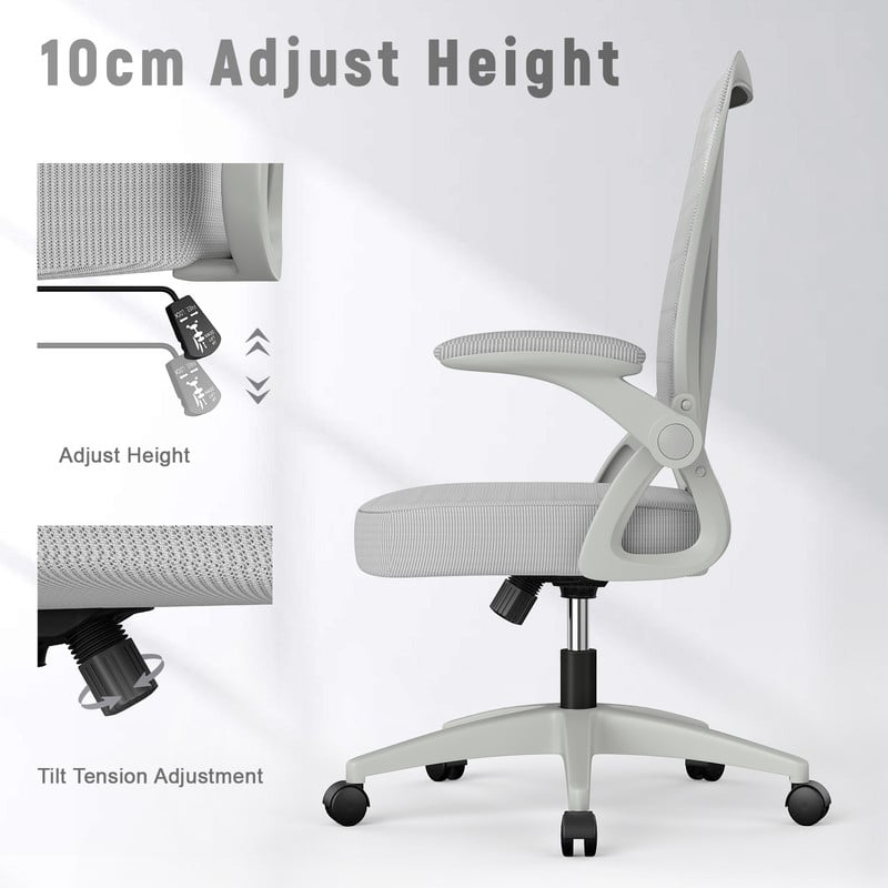 Bürostuhl – Naspaluro ergonomischer Sitz – Sessel mit 90° klappbarer  Armlehne – Lordosenstütze – höhenverstellbar - Grau