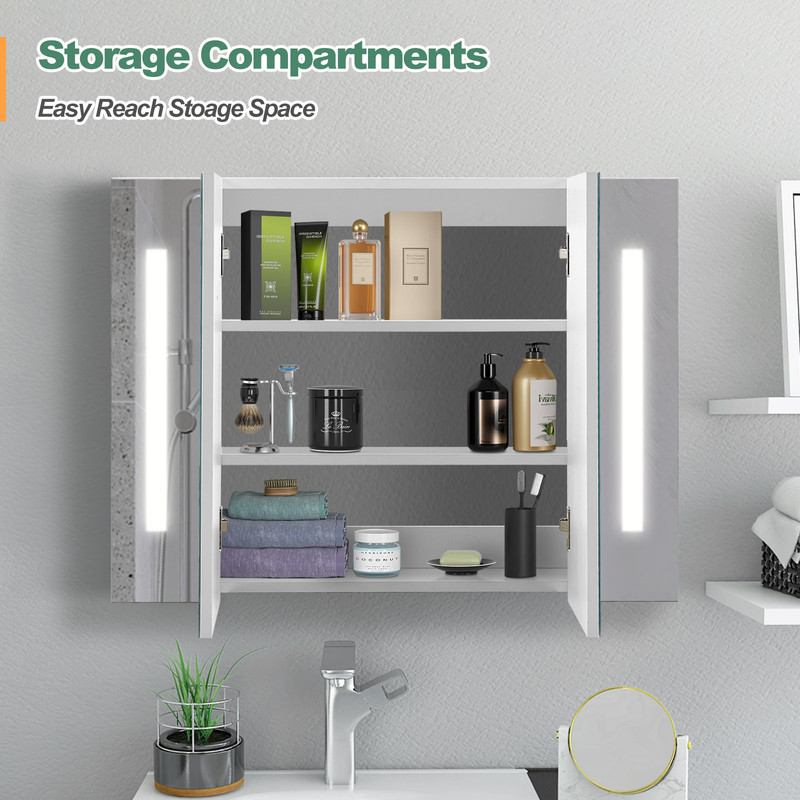 LED Illuminated Bathroom Mirror Cabinet 2 Door Wall Mounted Bathroom ...