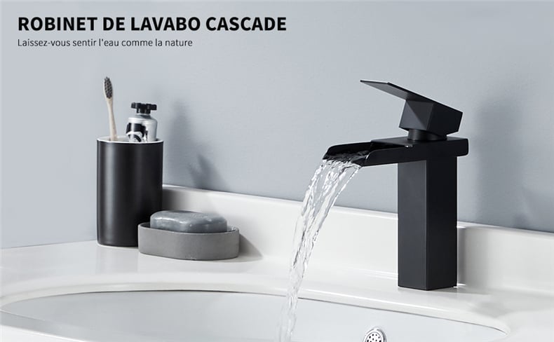 Robinet de lavabo cascade noir, robinet mitigeur chaud et froid, robinet de  salle de bain en laiton, robinet de salle de bain monotrou à poignée  unique, court (Size : Short) : 