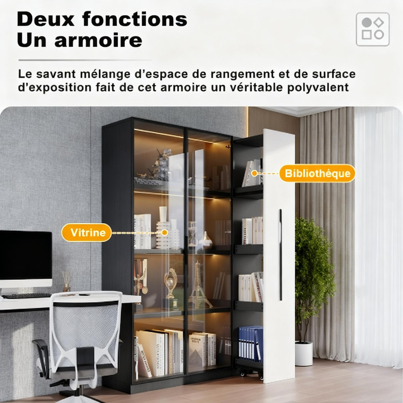 Meuble 2-en-1 bibliothèque et vitrine avec tiroir coulissant