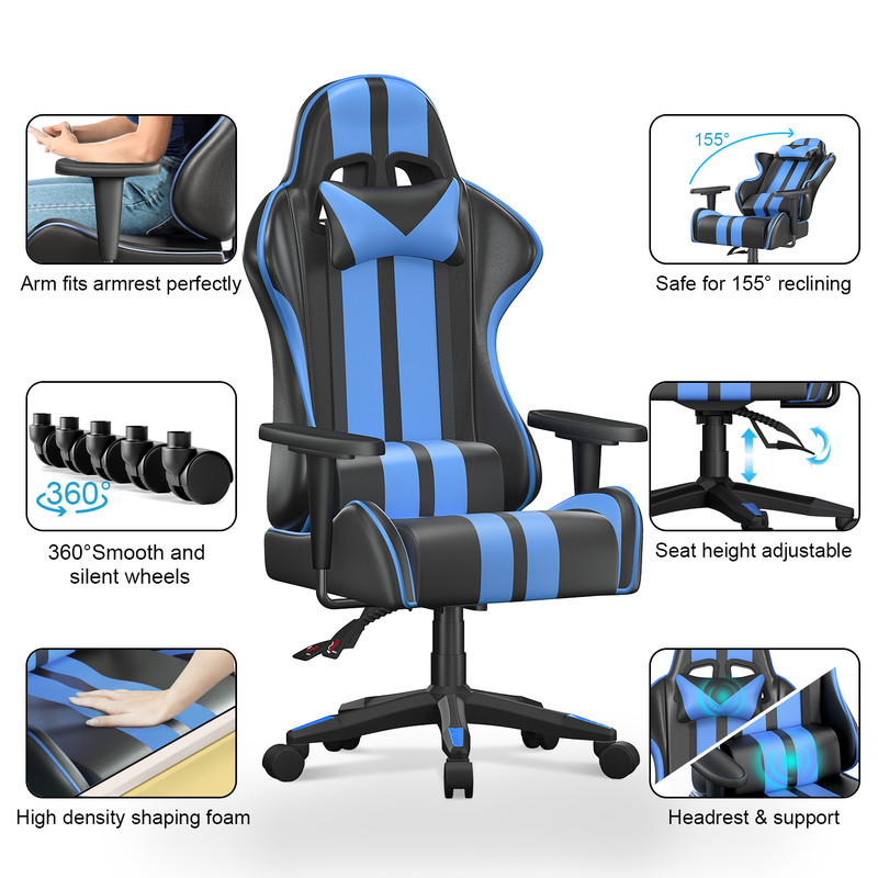 Bigzzia Sedia Da Gioco, Ergonomica, Per Computer, Con Cuscino Lombare E Poggiatesta Regolabile In Altezza, Per Adulti, Ragazze, Ragazzi, Versione Aggiornata (Nero E Blu) -Ufficio E Casa