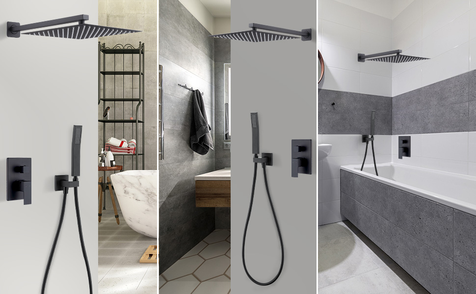 Columna de Ducha Empotrada Negra con Cabezal Cuadrado Grande, Kit
