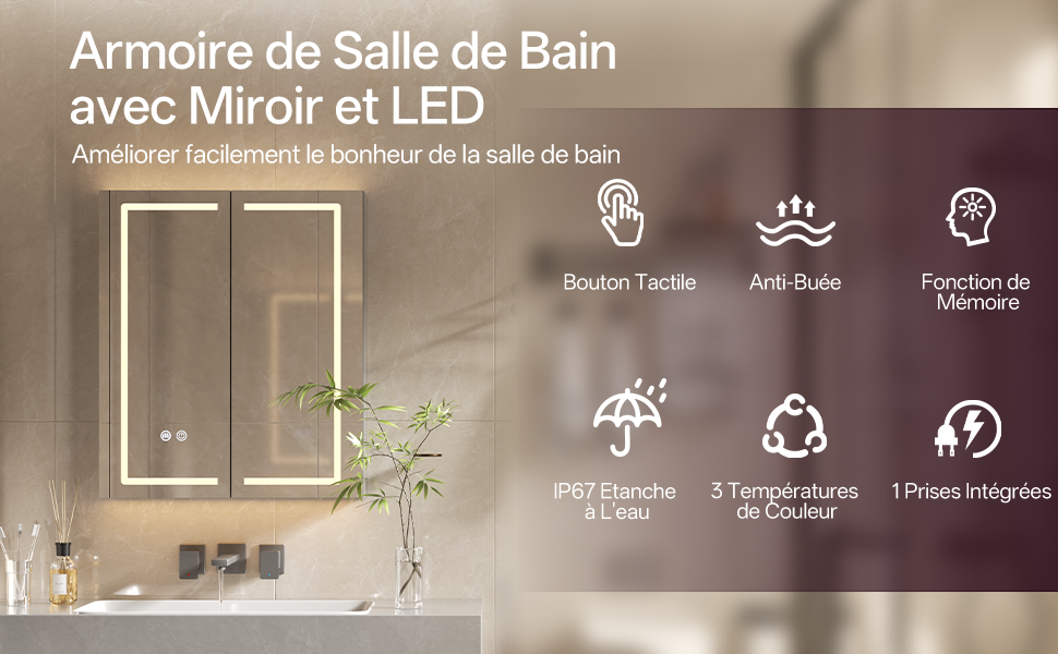 Armoire de Toilette LED Gris Clair Premium