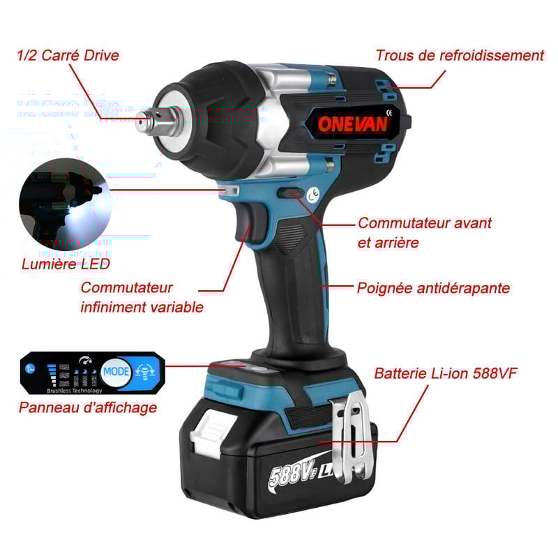 Clé à Chocs Sans Fil Brushless électrique, 1800Nm 1/2 Pouces, Boulonneuse A Choc Convient Pour Batterie 18V Makita - Avec 2 Batteries -Outils Électriques