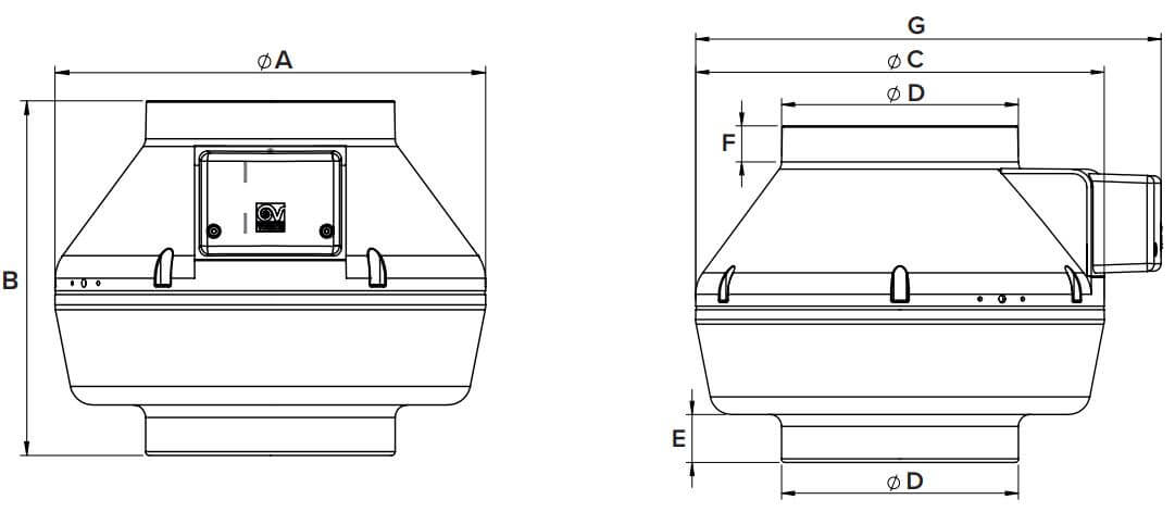 Dimensions ventilateur centrifuge Vortice CA 200 V0 E