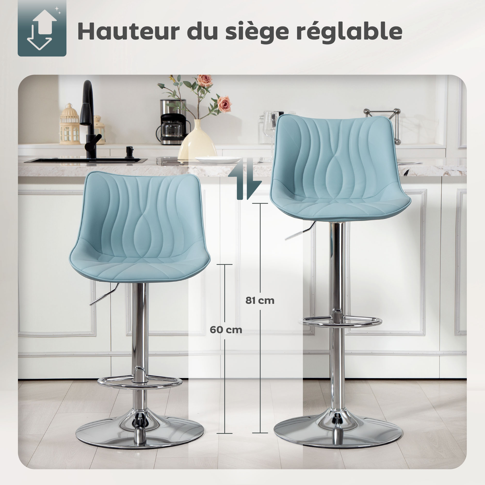 Tabouret de bar réglable en hauteur et pivotant, velours moutarde (lot de 2) SAVONE | Tabourets