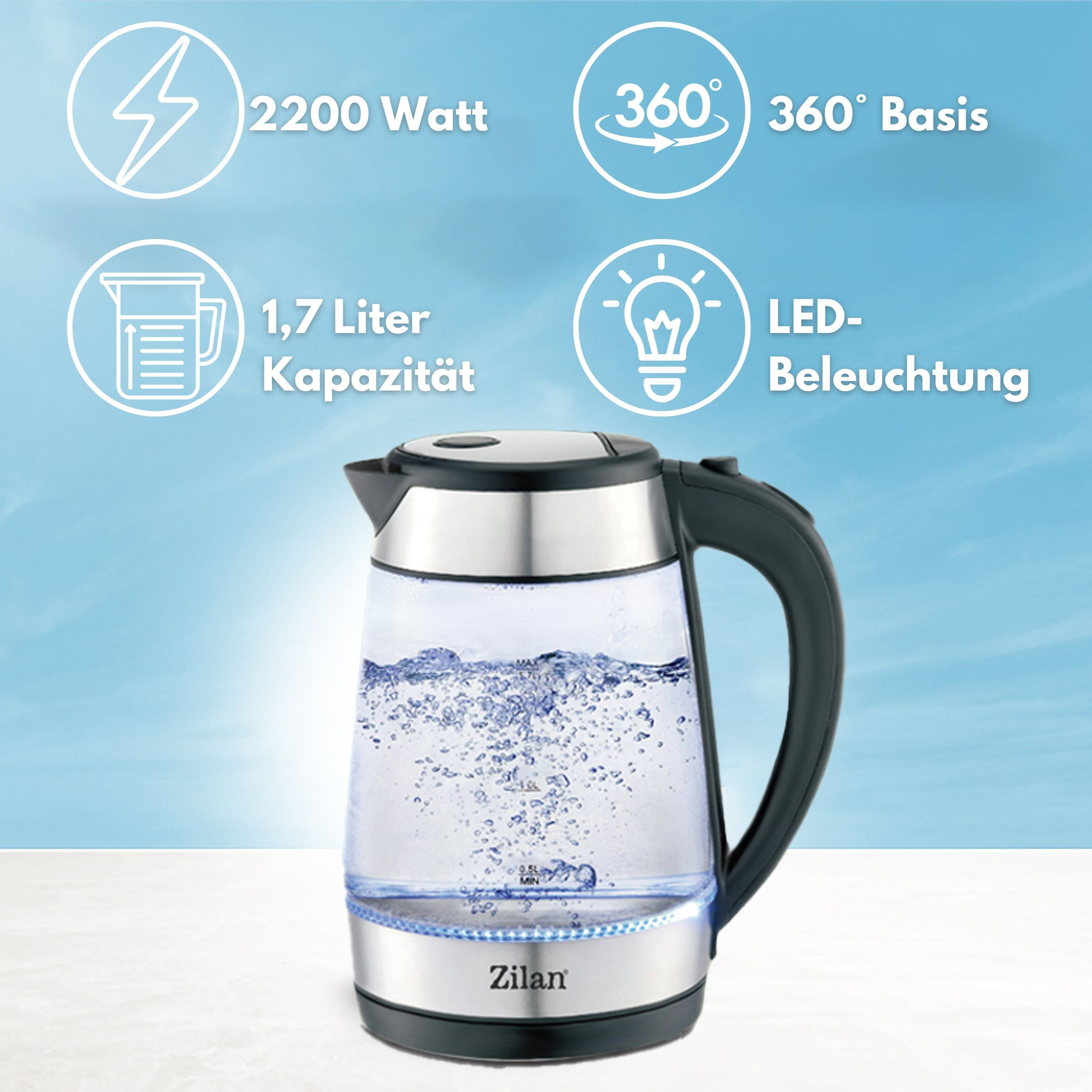 Zilan Glas Wasserkocher mit LED-Beleuchtung Überhitzungsschutz 1,7 Liter  2200 Watt | Wasserkocher