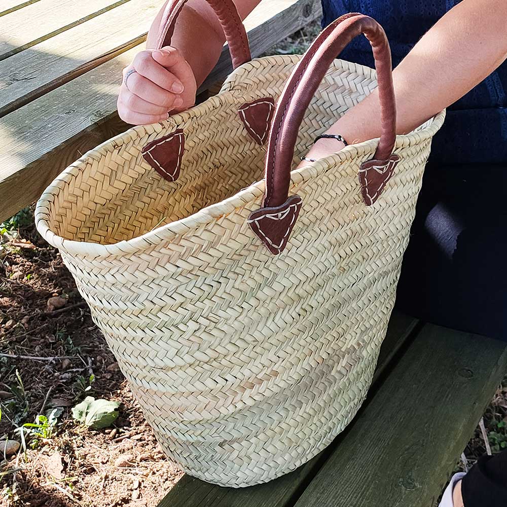 Panier tresse sac cabas de plage en feuilles de palmier naturel avec poignees en cuir