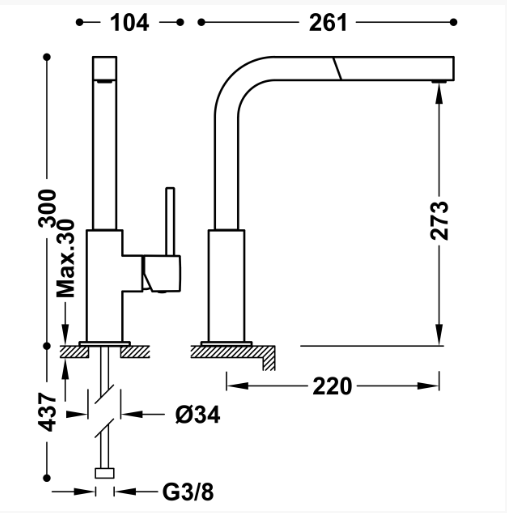 Schéma technique mitigeur évier avec bec extractible
