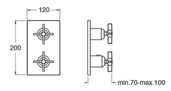 Schéma technique de la façade de douche thermostatique encastrée 2 sorties