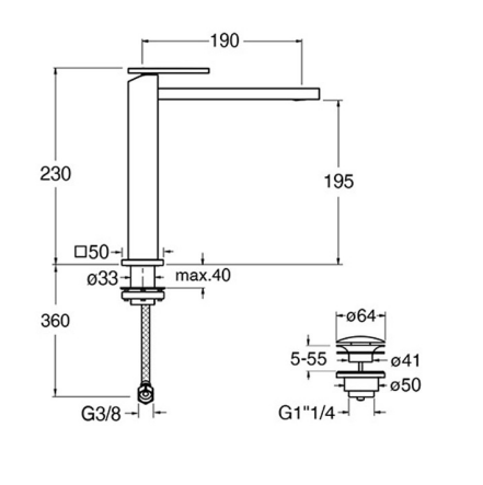 Schéma technique du mitigeur lavabo mi-haut