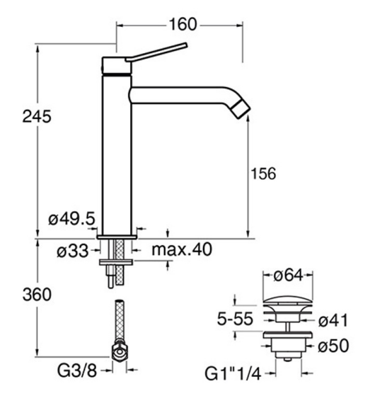 Schéma technique du mitigeur lavabo mi-haut avec vidage up&down