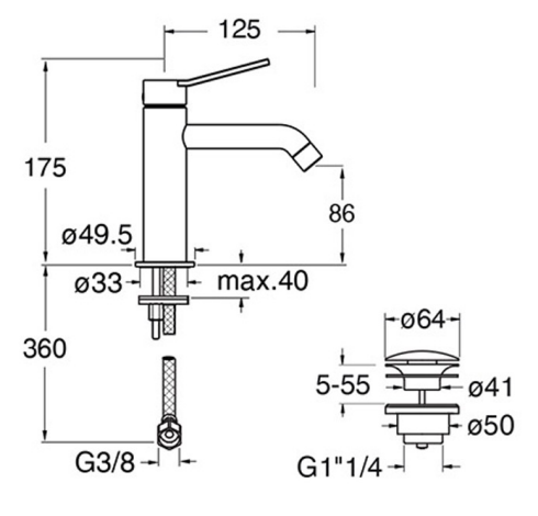 Schéma technique du mitigeur lavabo