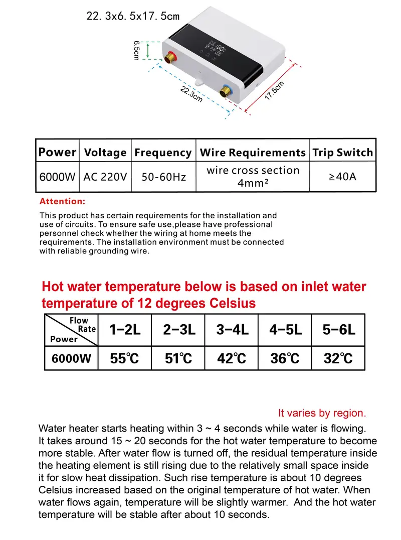 1pc mini electric water heater without water tank us three phase 220v 6000w led display screen with remote control instant constant temperature water and electricity separation safe and energy saving easy to install air switch required details 17