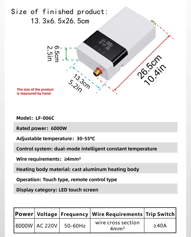 1pc mini electric water heater without water tank us three phase 220v 6000w led display screen with remote control instant constant temperature water and electricity separation safe and energy saving easy to install air switch required details 18