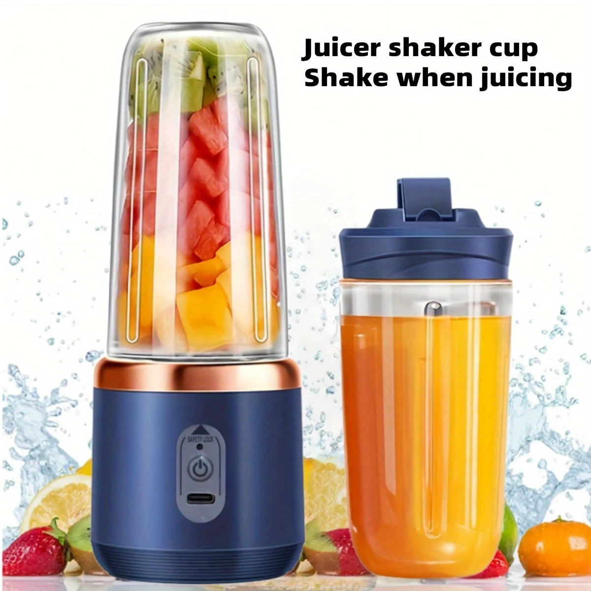 400ml portable electric juicer blender cup wireless rechargeable   mixer with 6 blade dual cup for smoothies vegetables and fruits push button control usb c charging food grade abs non heating 1500mah lithium battery details 0