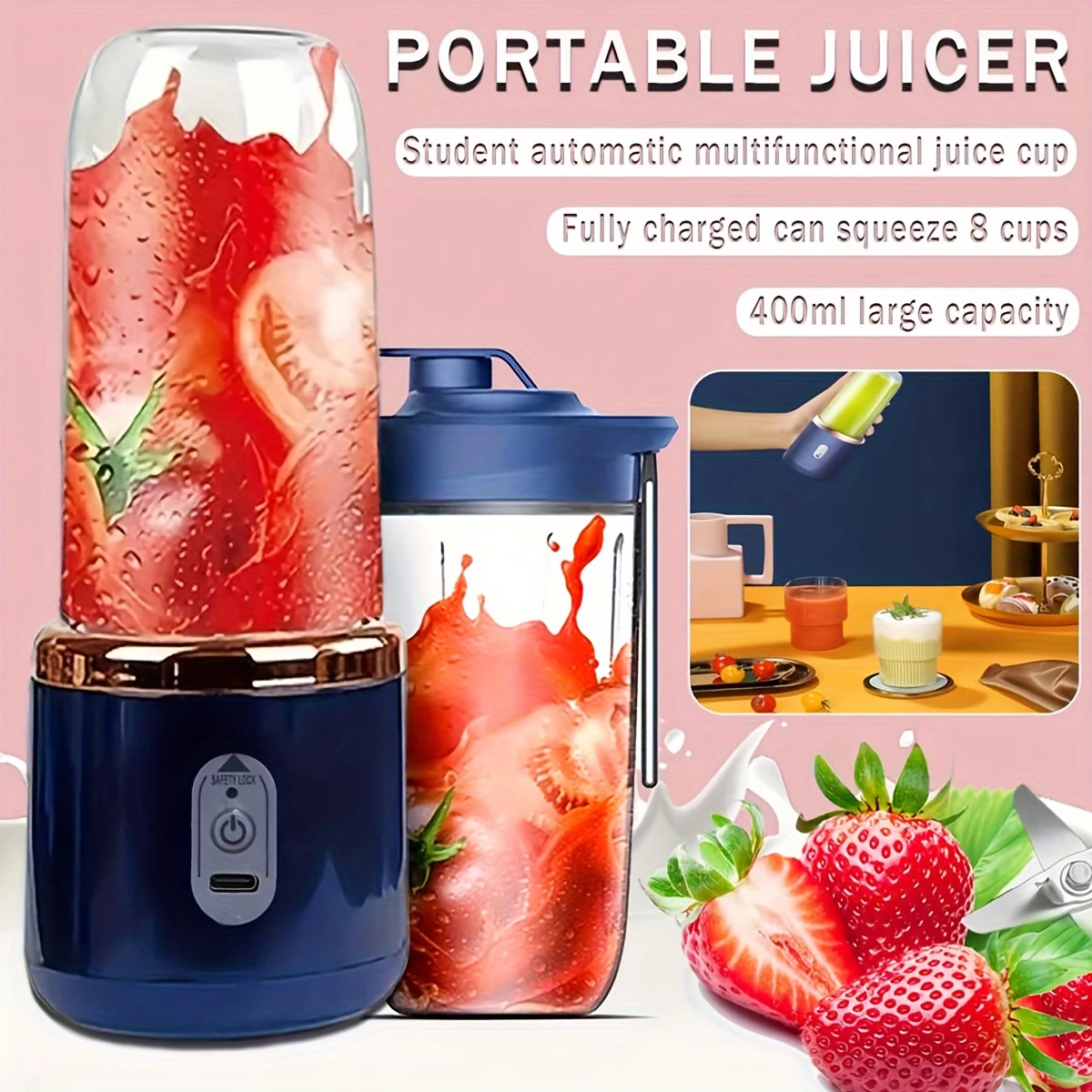 400ml portable electric juicer blender cup wireless rechargeable   mixer with 6 blade dual cup for smoothies vegetables and fruits push button control usb c charging food grade abs non heating 1500mah lithium battery details 8