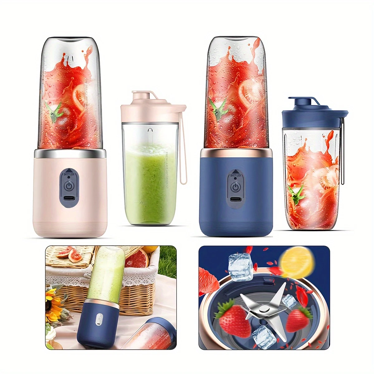 400ml portable electric juicer blender cup wireless rechargeable   mixer with 6 blade dual cup for smoothies vegetables and fruits push button control usb c charging food grade abs non heating 1500mah lithium battery details 2