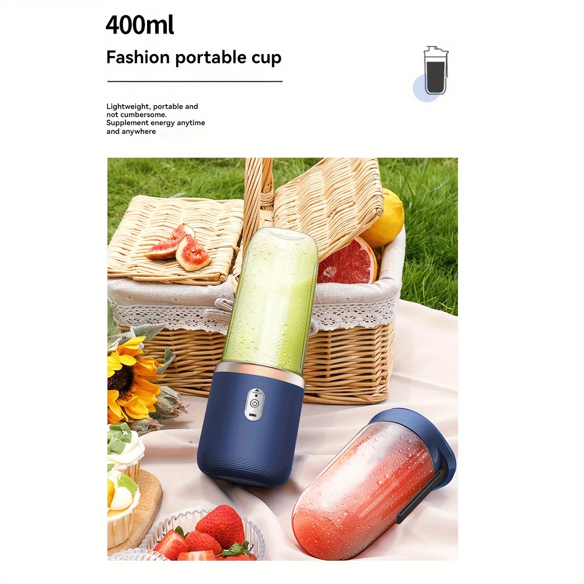 400ml portable electric juicer blender cup wireless rechargeable   mixer with 6 blade dual cup for smoothies vegetables and fruits push button control usb c charging food grade abs non heating 1500mah lithium battery details 9