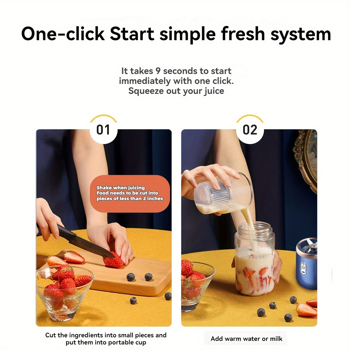 400ml portable electric juicer blender cup wireless rechargeable   mixer with 6 blade dual cup for smoothies vegetables and fruits push button control usb c charging food grade abs non heating 1500mah lithium battery details 3