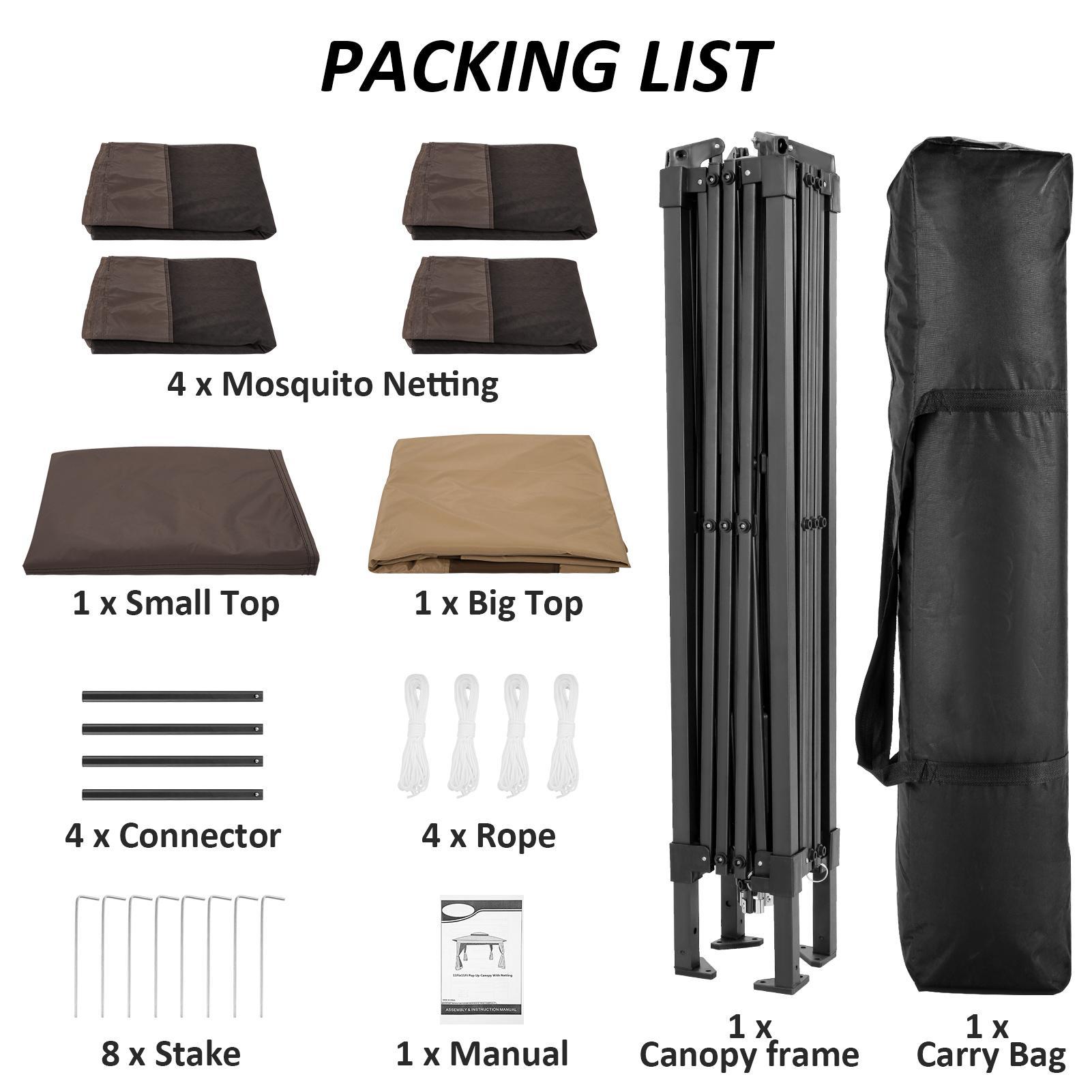 3x3m Tonnelle Pliante De Jardin Imperméable Extérieure Avec Moustiquaire - Pavillon Anti-UV Pour L'ombre Et La Pluie Avec Gaze Et Sac De Transport - Pour Patio, Jardin, Terrasse, Brun+Café -Promos Garde Plante Boutique