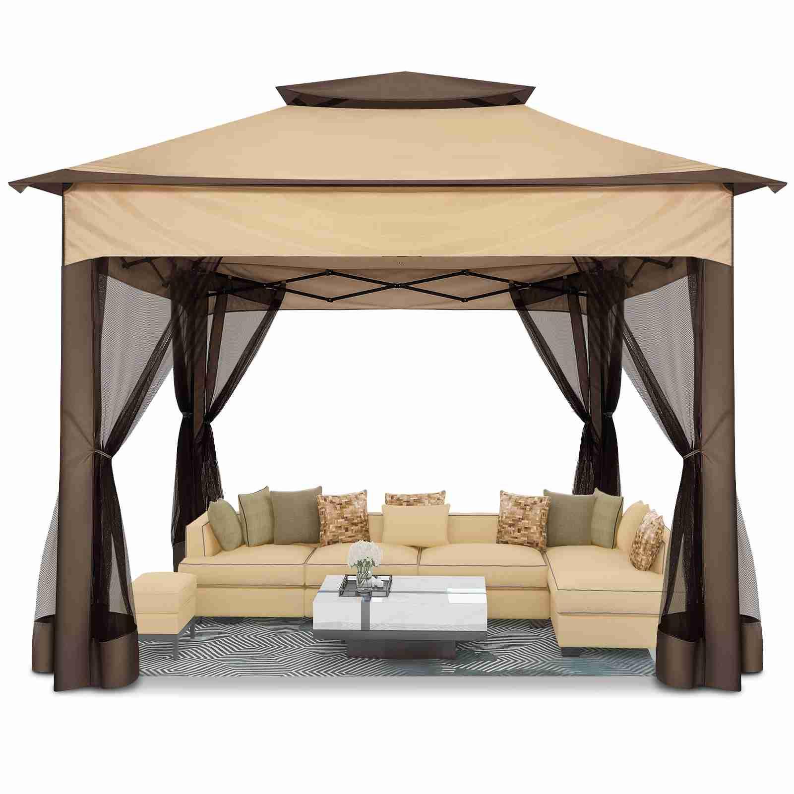 3x3m Tonnelle Pliante De Jardin Imperméable Extérieure Avec Moustiquaire - Pavillon Anti-UV Pour L'ombre Et La Pluie Avec Gaze Et Sac De Transport - Pour Patio, Jardin, Terrasse, Brun+Café -Promos Garde Plante Boutique