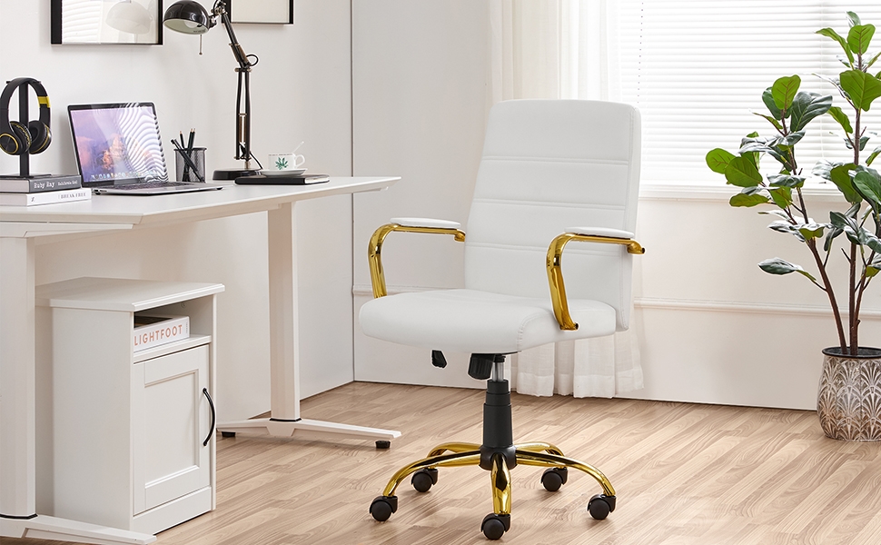 Yaheetech Mid Back Office Chair with Gold Frame White