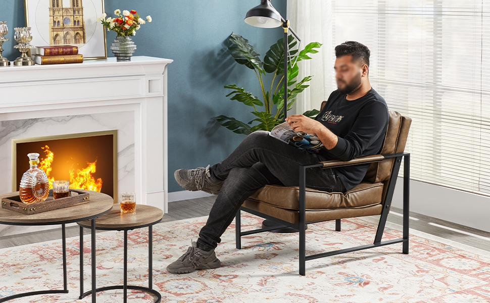 Yaheetech Retro Upholstered Faux Leather Accent Chair, Brown -Living Room Furniture Store