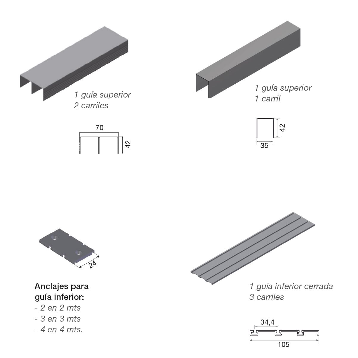 Kit de guidage Atlantico 3 Rails Argent