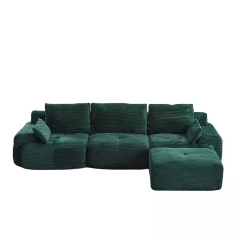 Chaise longue Whisen moderna de espuma viscoelástica comprimida con otomana móvil y tapizada en pana, 8 de 12