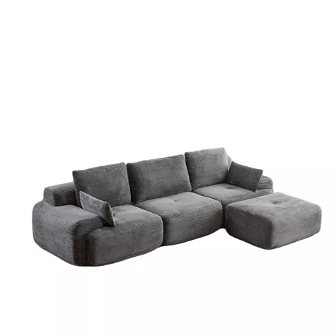 Chaise longue Whisen moderna de espuma viscoelástica comprimida con otomana móvil y tapizada en pana, 1 de 12