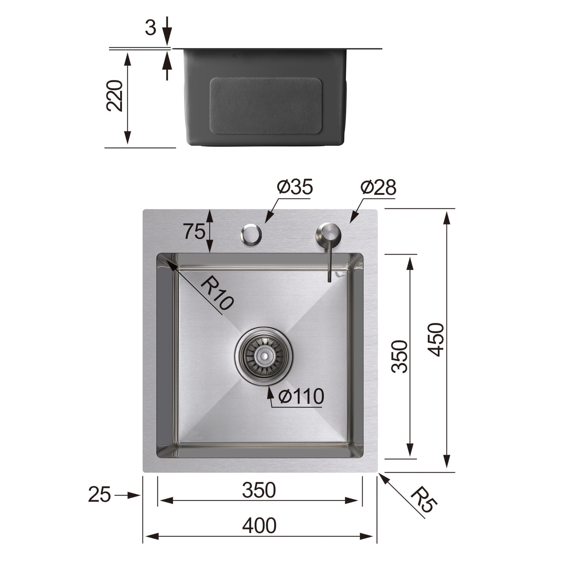 CECIPA Lavello da cucina in acciaio inox, 70 x 44 cm, tipo di montaggio,  con lavello interno di ricambio, tagliere, sifone, set di scarico e scarico  per armadio da cucina a partire