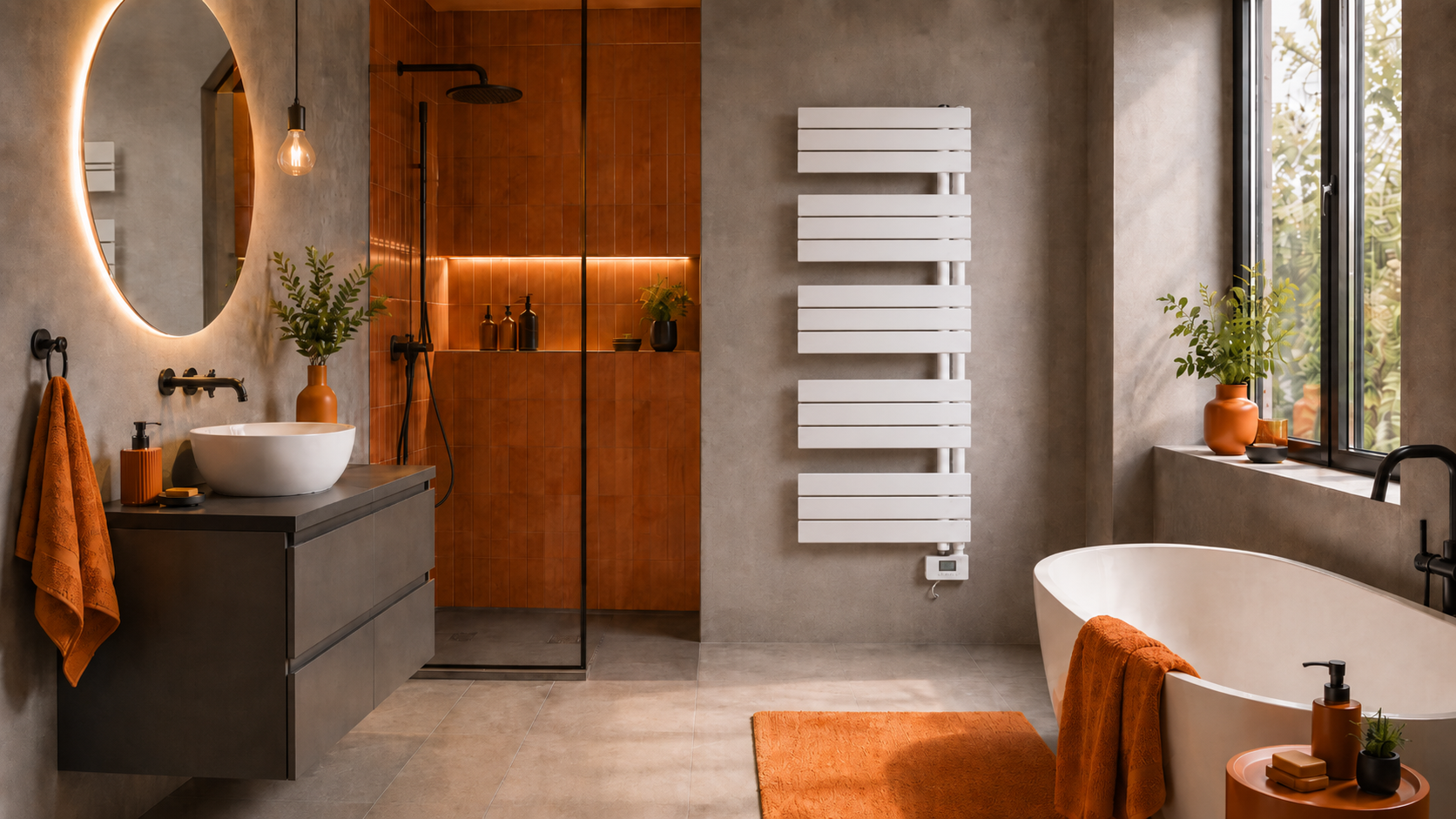 Sèche-serviettes RIVA E 500W Voltman installé dans une salle de bain moderne