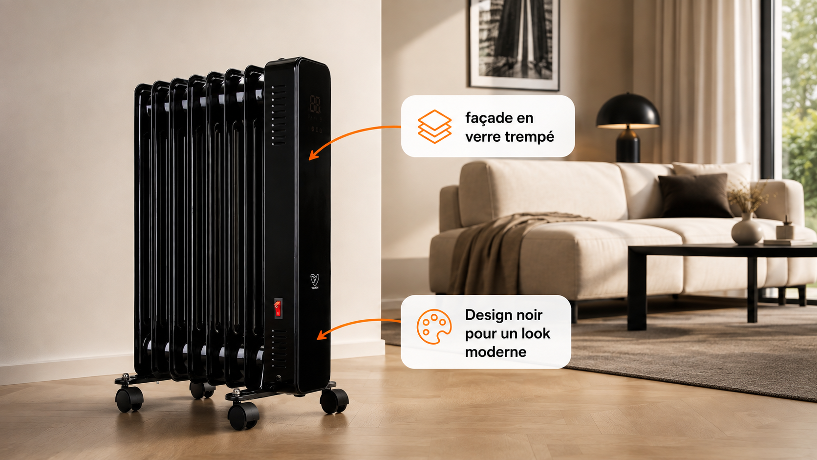 Design noir et façade en verre trempé du radiateur bain d'huile COSYOIL Voltman