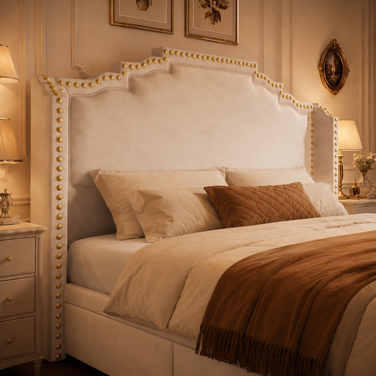 Tête de lit haute en velours beige avec clous décoratifs dorés