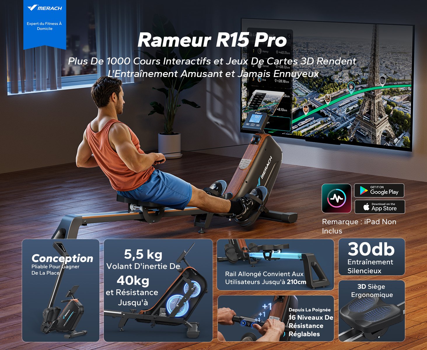 Rameur Hop-Sport Rameur d'appartement pliable HS-080R Aspen, 16 Niveaux de résistance magnétique