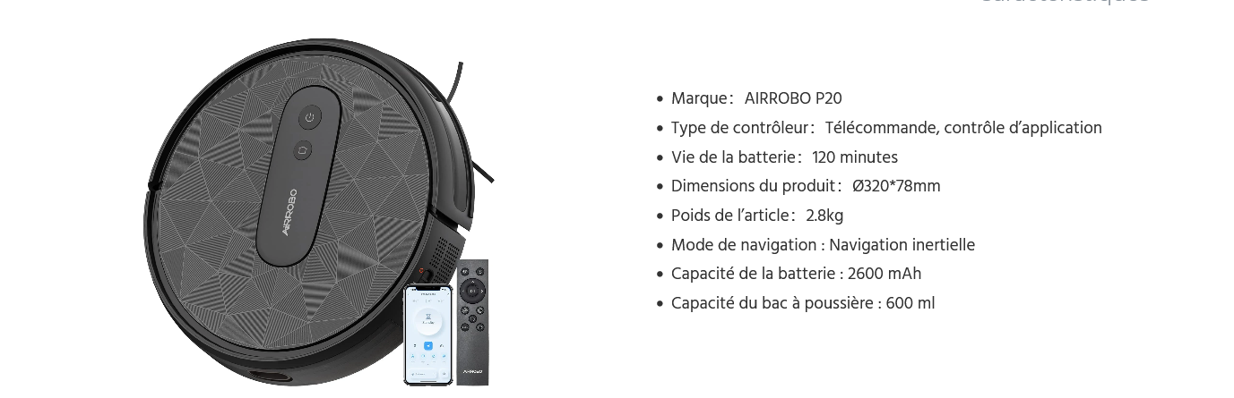 AIRROBO Aspirateur Robot P20, Aspiration 2800 Pa, Auto-rechargeables,  Silencieux 55dB, Idéal pour Poils d'Animaux