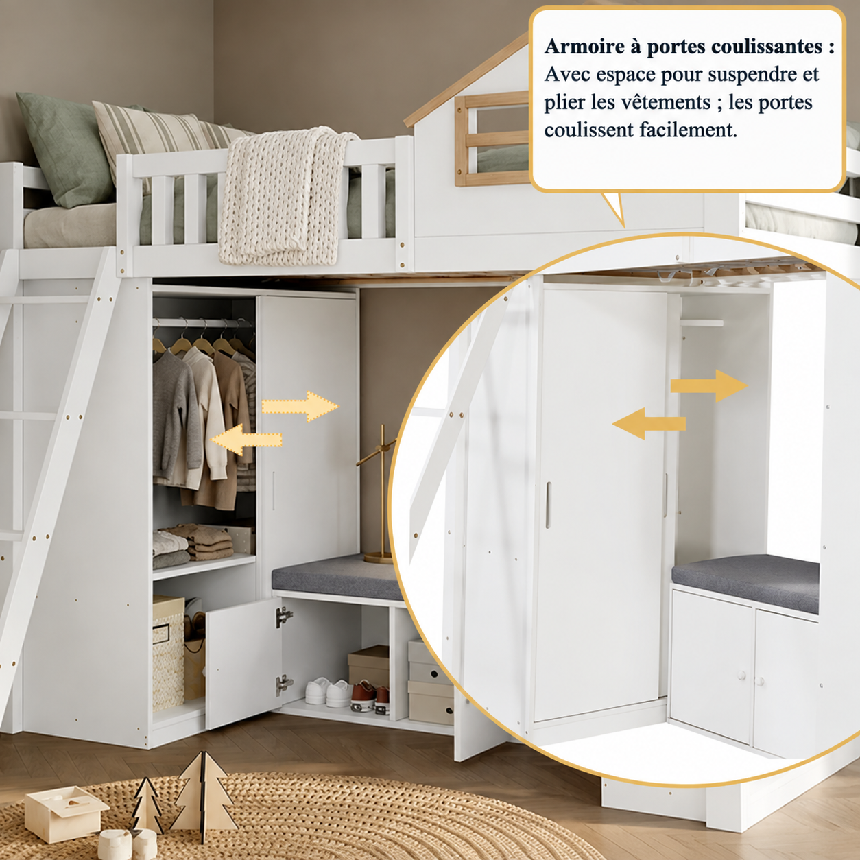 Dimensions et présentation du lit mezzanine enfant blanc et naturel