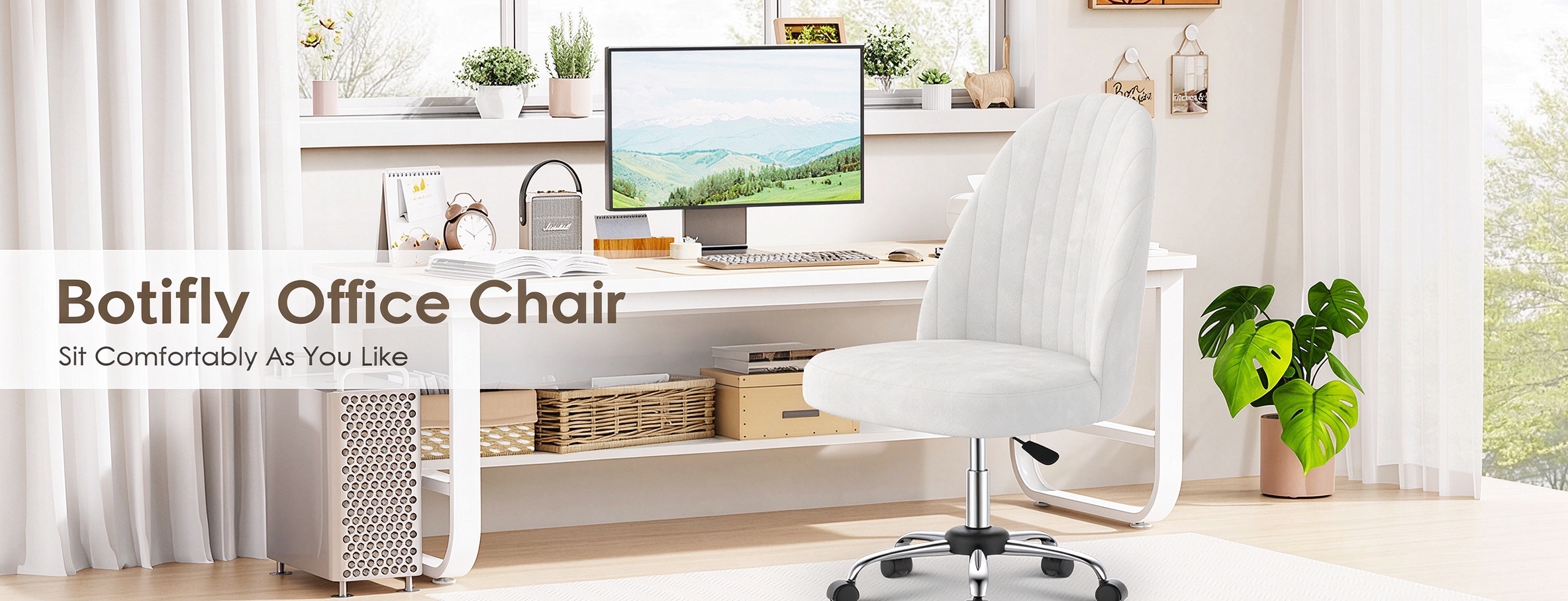 Chaise de bureau Botifly en velours blanc