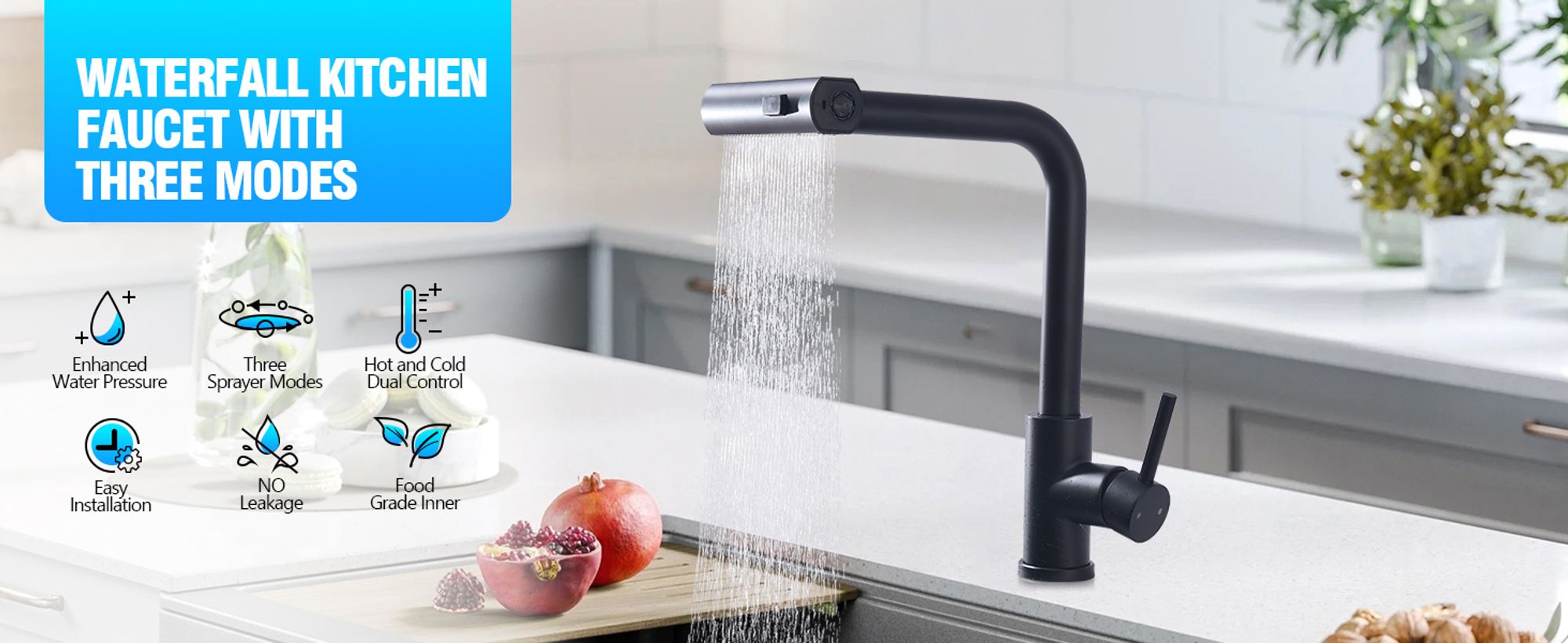 Wasserhahn Küche Schwarz HOMELIVE, Küchenarmatur Ausziehbar mit 2 Strahlarten 360° Drehbar, Mischbatterie Küche, Hochdruck Armatur, Spültischarmatur