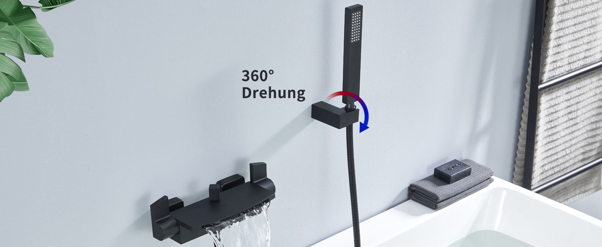 Homelody Wasserfall Badewannenarmatur mit Regal，Wannenarmatur mit Handbrause，Badewanne Armatur Duscharmatur für Bad, Schwarz matt，Komplett Duschset